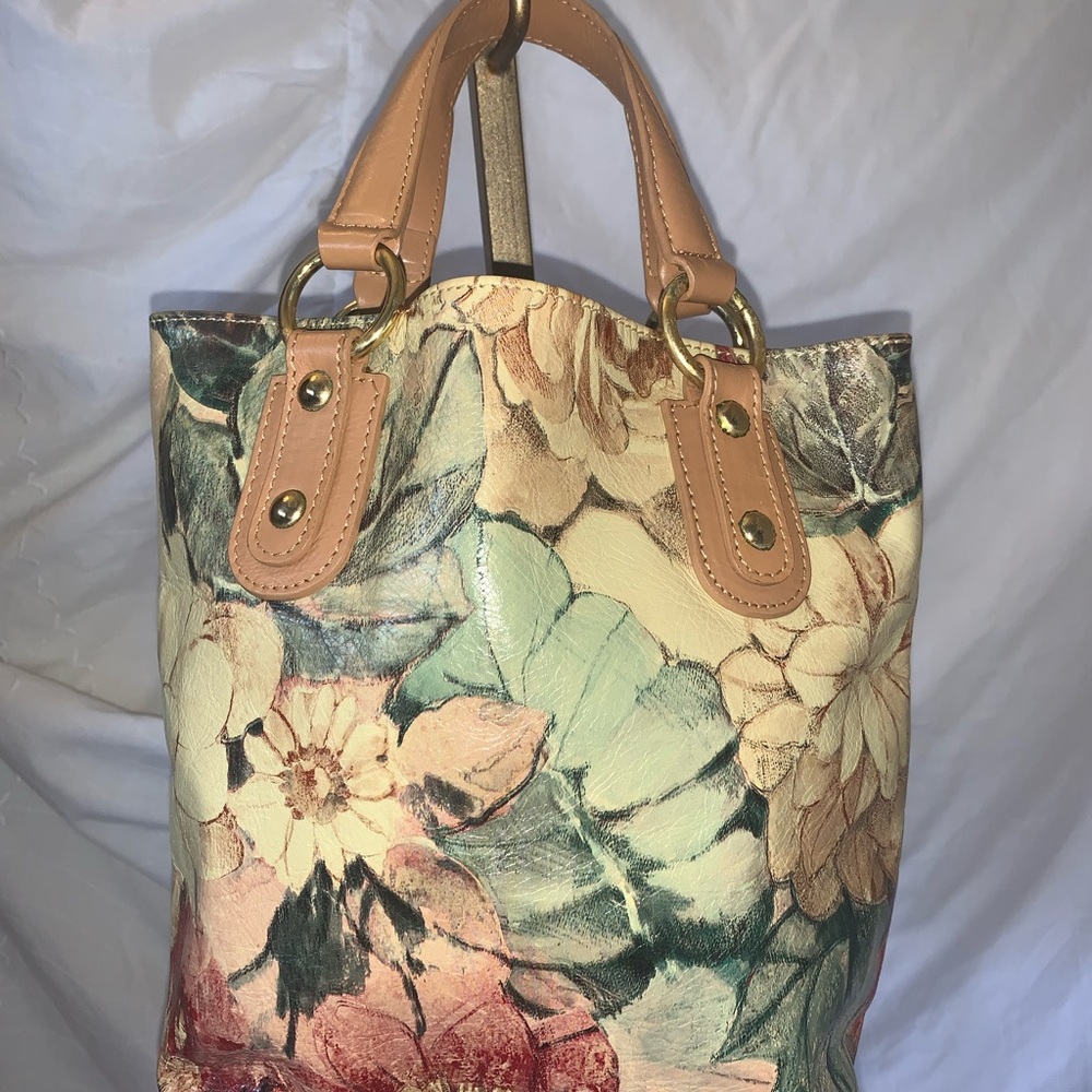 Maurizio Taiuti Floral Canvas Tote with Tan Leather Handles